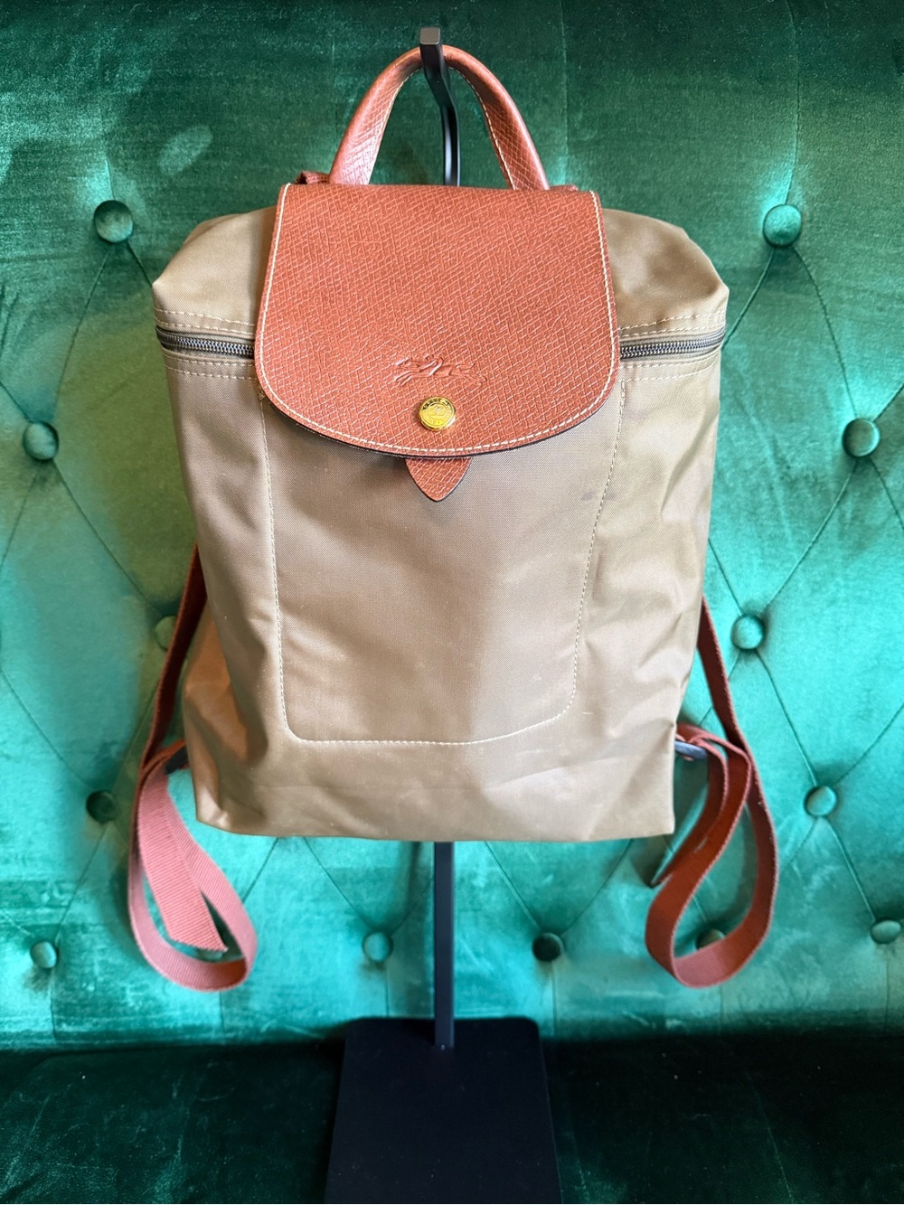 Longchamp Le Pliage M Backpack Olive Green Nylon Cognac Leather Travel Backpack